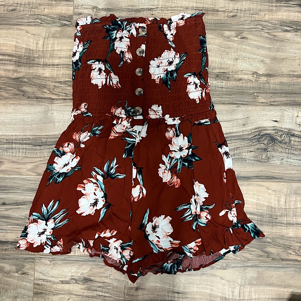 Strapless, Orange, Floral Romper